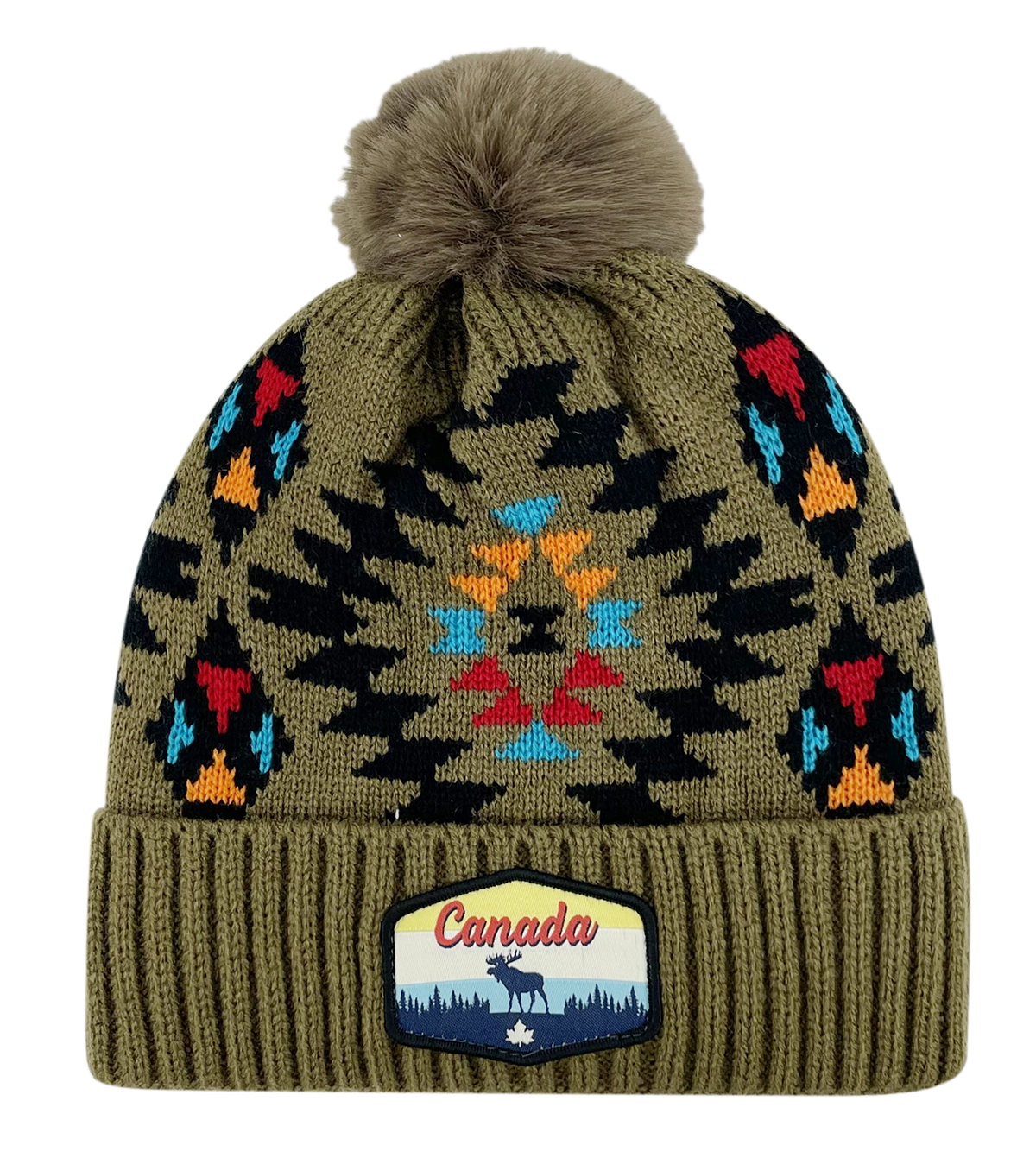 Canada Knit Toque Native/Navajo Pattern with Pom w/ Woven Patch